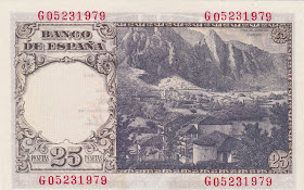 Spain money currency 25 Pesetas banknote 1946 Pola de Somiedo, Asturias