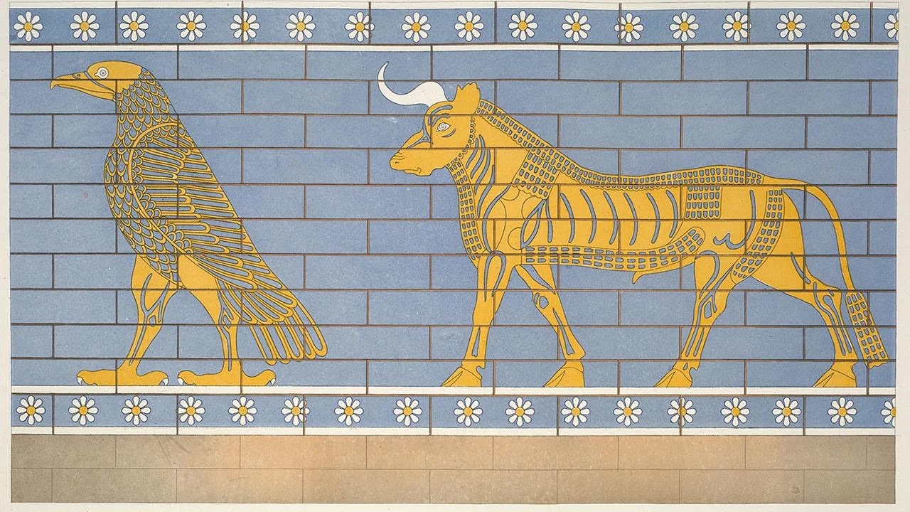 Σχέδια των συμβόλων του αετού και του ταύρου που δημοσιεύτηκαν στα τέλη του 19ου αιώνα από τον Γάλλο ανασκαφέα Victor Place. Πηγή: Δημόσια Βιβλιοθήκη της Νέας Υόρκης.