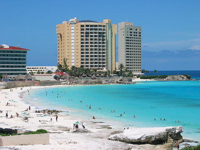 The white sandy beaches and azure waters of Cancun, Mexico