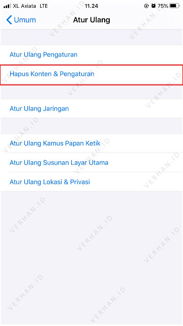 hapus konten dan reset pengaturan iphone ke setelan pabrik