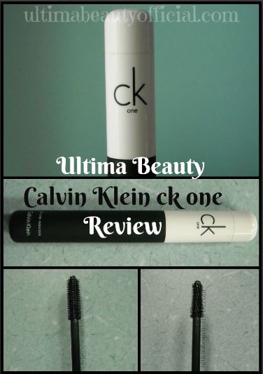 Collage of four images: Picture 1 Close up of Calvin Klein CK One mascara cap; Picture 2 Calvin Klein CK One mascara; Picture 3 Calvin Klein CK One Mascara wand full expanded; Picture 4 Calvin Klein CK One Mascara wand contracted. Text Reads: Ultima Beauty Calvin Klein CK One Review