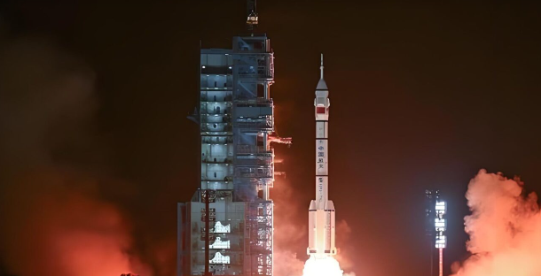 Image of the Shenzhou 18 manned spacecraft successfully launching, representing China's advancements in space exploration