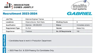 Diploma Jobs Recruitment in GABRIEL INDIA for Diploma Engineer Trainee at Sriperumbudur, Tamil Nadu | Apply Now