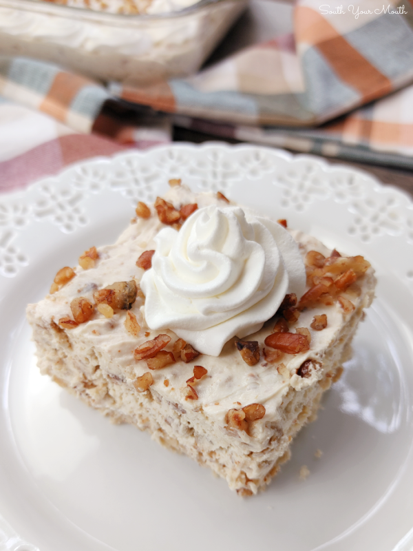 Pecan Cream Deep Dish Pie! Brown sugar swirled with warm melted butter then mixed with cream cheese, pecans and whipped topping makes this decadent pie recipe special enough for Thanksgiving and Christmas but easy enough for anytime!