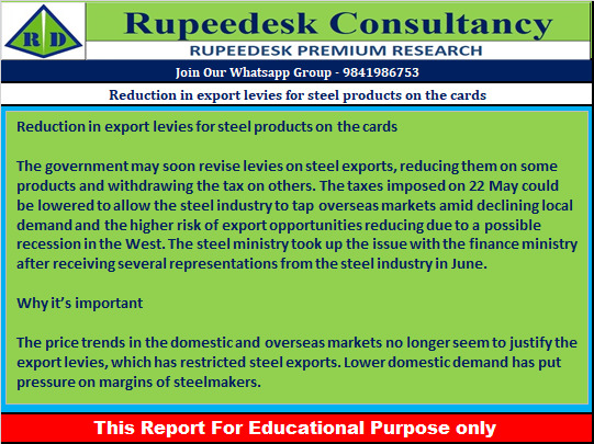 Reduction in export levies for steel products on the cards - Rupeedesk Reports - 07.09.2022