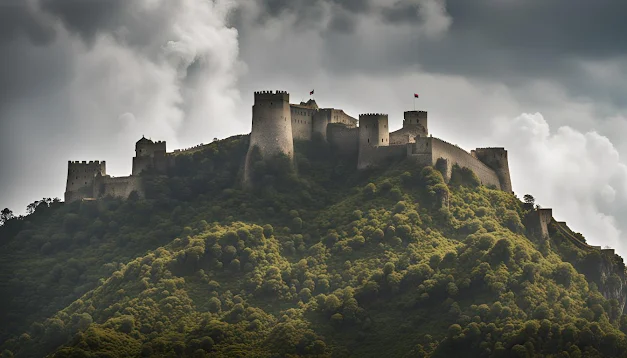 Historical Fortress of Valoria perched on a rugged hill, featuring thick defensive walls and a panoramic view of the surrounding landscape.