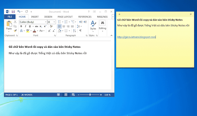 Gõ Tiếng Việt trên Sticky Notes windows 7