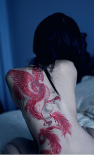 Phonix tattoo on asian girl's back body, Phonix tattoo on sexy girl's back body