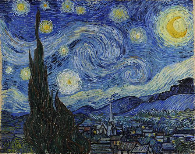 quadro Starry Night (Noite Estrelada) de Van Gogh mostra um céu azul ondulado e com bolas brancas e amarelas como se fossem estrelas