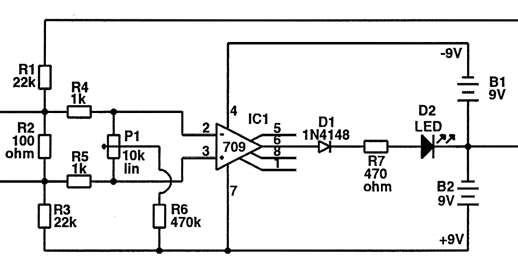 Simple Wire Continuity Tester by LM709 ~ Circuit Diagram  