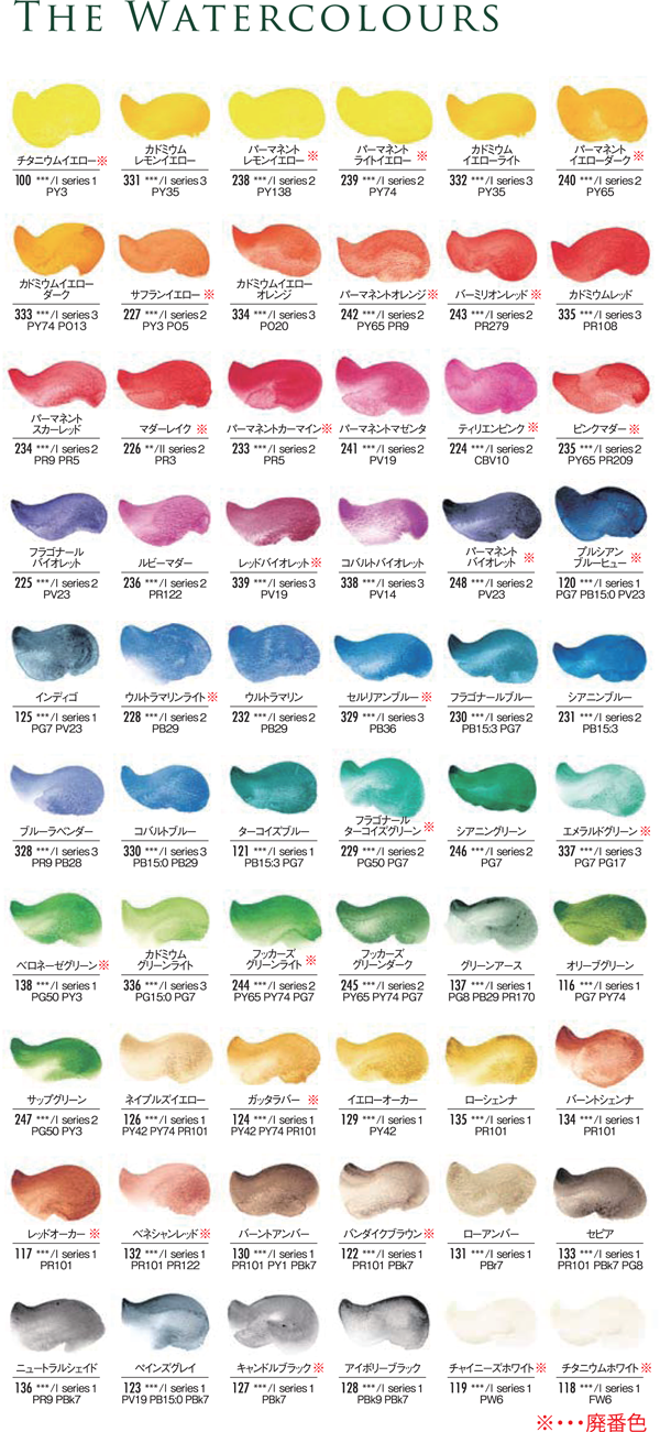 ペベオ透明水彩絵具のカラーチャート 透明水彩絵具と水彩紙スケッチブックの種類