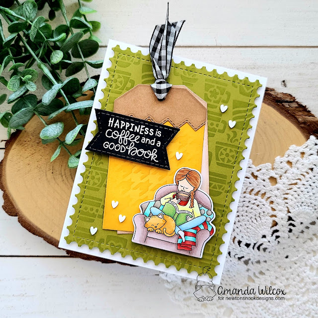 Happiness is Coffee and a Good Book Card by Amanda Wilcox | Sips & Stories Stamp Set, Mugs Stencil, Houndstooth Stencil, Framework Die Set and Fancy Edges Tag Die Set by Newton's Nook Designs #newtonsnook