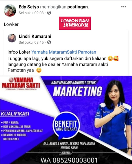 Lowongan Kerja Pegawai Marketing Dealer Motor Yamaha Mataram Sakti Rembang