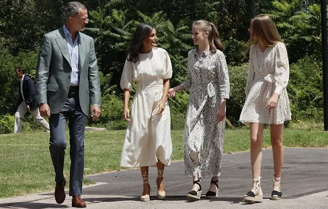 Princess Leonor wore a new Adaria shirt dress by Polín et Moi. Infanta Sofia wore a  new micro dot mini dress by  Zara