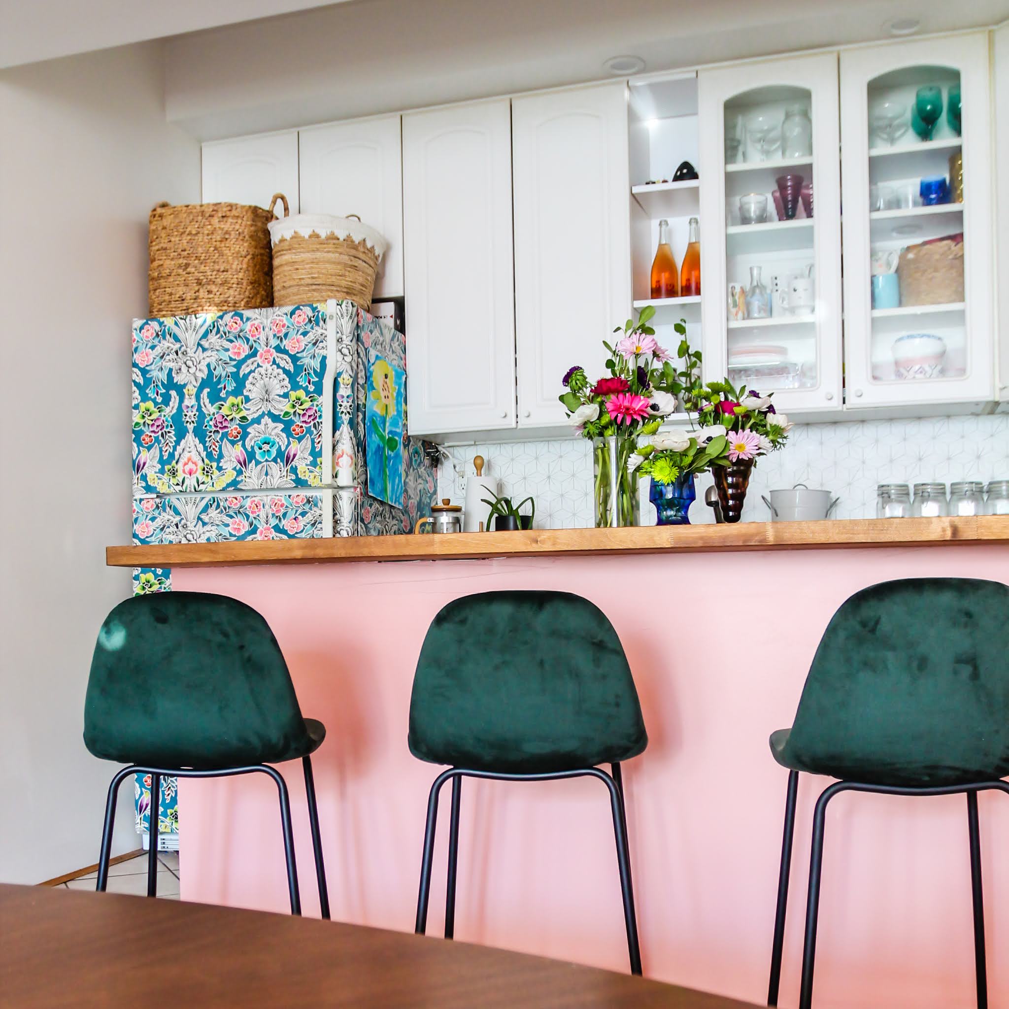 pink and green decor // green barstools // pink kitchen // diy wallpaper fridge // pink and green kitchen // colorful homes // Megan Zietz  Apartment // TfDiaries // pink and green room // pink and green Inspo // barstool inspo // velvet barstools