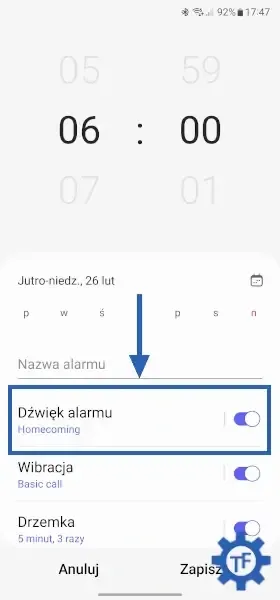 Przycisk dźwięk alarmu w ustawieniach budzika