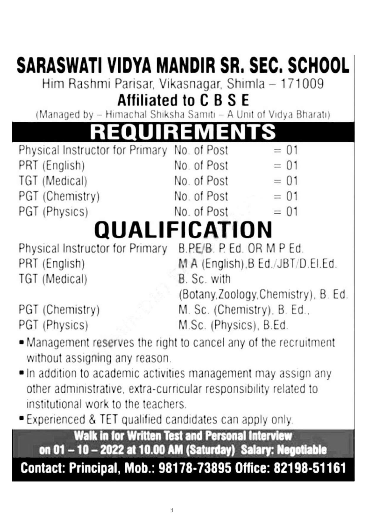 saraswati vidya mandir school Shimla Teaching Staff Recruitment 2022