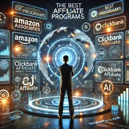 "A futuristic 3D digital illustration showcasing top affiliate programs like Amazon Associates, ClickBank, CJ Affiliate, and ShareASale. The digital marketer is surrounded by holographic screens displaying AI-driven analytics, SEO tools, and automated email marketing strategies. The high-tech environment includes glowing financial charts, virtual dashboards, and AI-enhanced affiliate sales growth indicators.