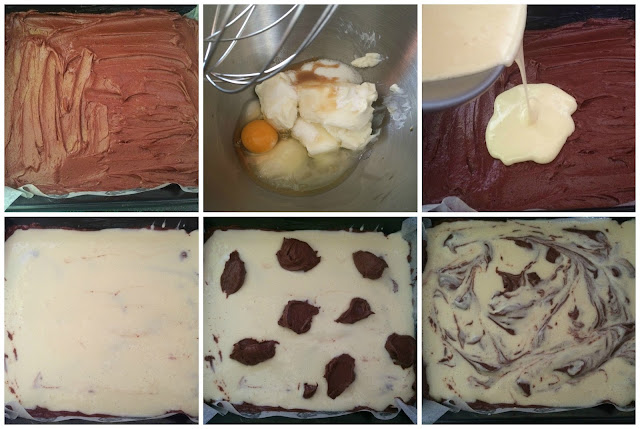 pictures of the cheesecake making and brownie assembling steps