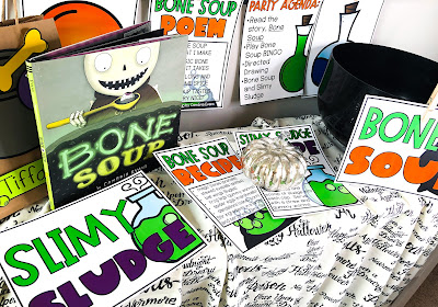 Classroom Halloween Party and Classroom Halloween Decorations for the story Bone Soup!  Halloween activities, Bone Soup recipes, and Halloween Kids' Drinks are all included!  Students will read the story, complete a Halloween directed drawing, create a Halloween trick or treat bag, and play Halloween BINGO!  Halloween gift tags are also included!