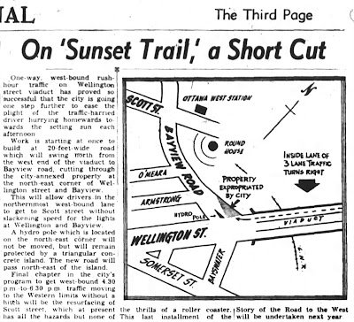 Newspaper clipping showing an article with headline On 'Sunset Trail,' a Short Cut, and a drawing of Wellington, Bayview, Somerset, Scott Streets (including the Ottawa West station and round house) and the viaduct, with a triangle at the northeast corner of Wellington and Bayview highlighted.