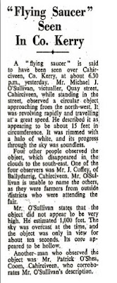 'Flying Saucer' Seen In Kerry Co. Kerry – The Irish Times 7-12-1947