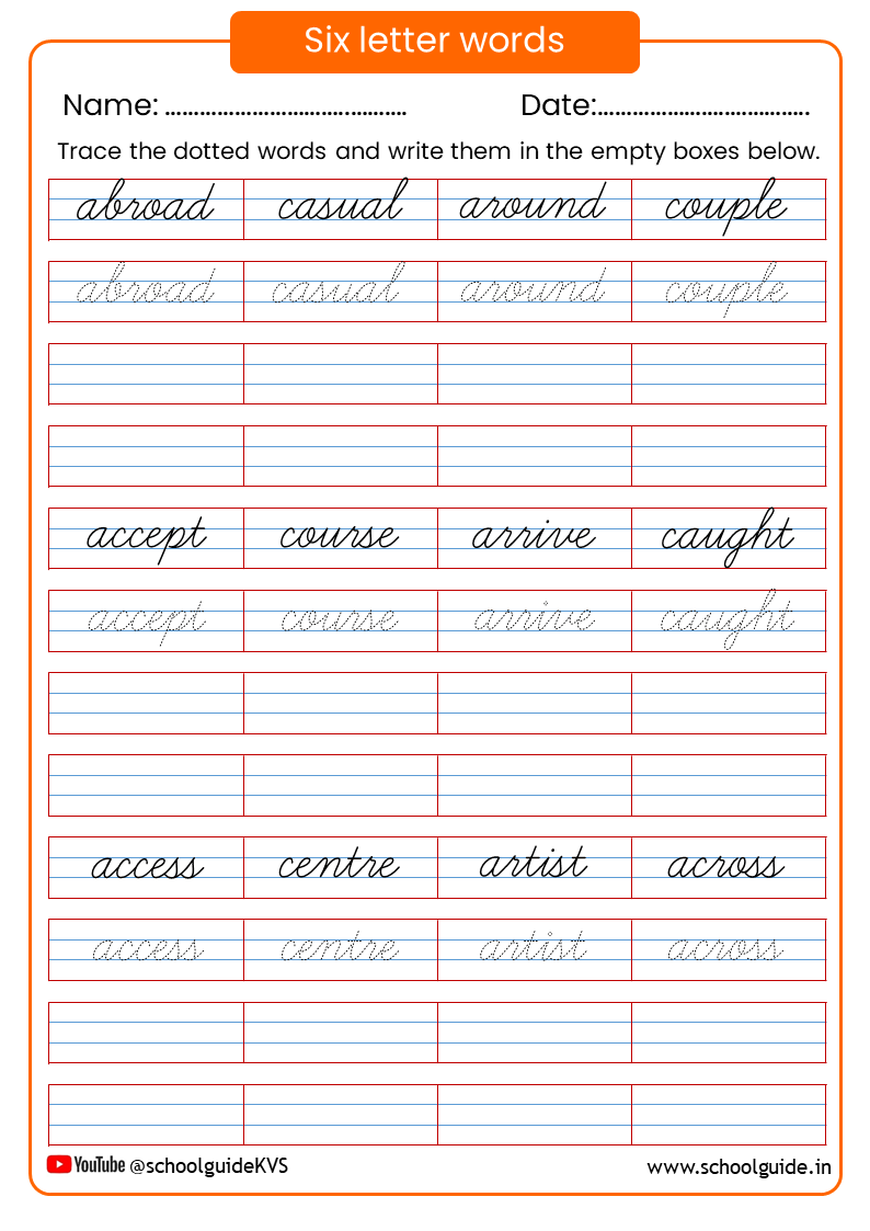 Six Letter Words Cursive Writing Worksheets