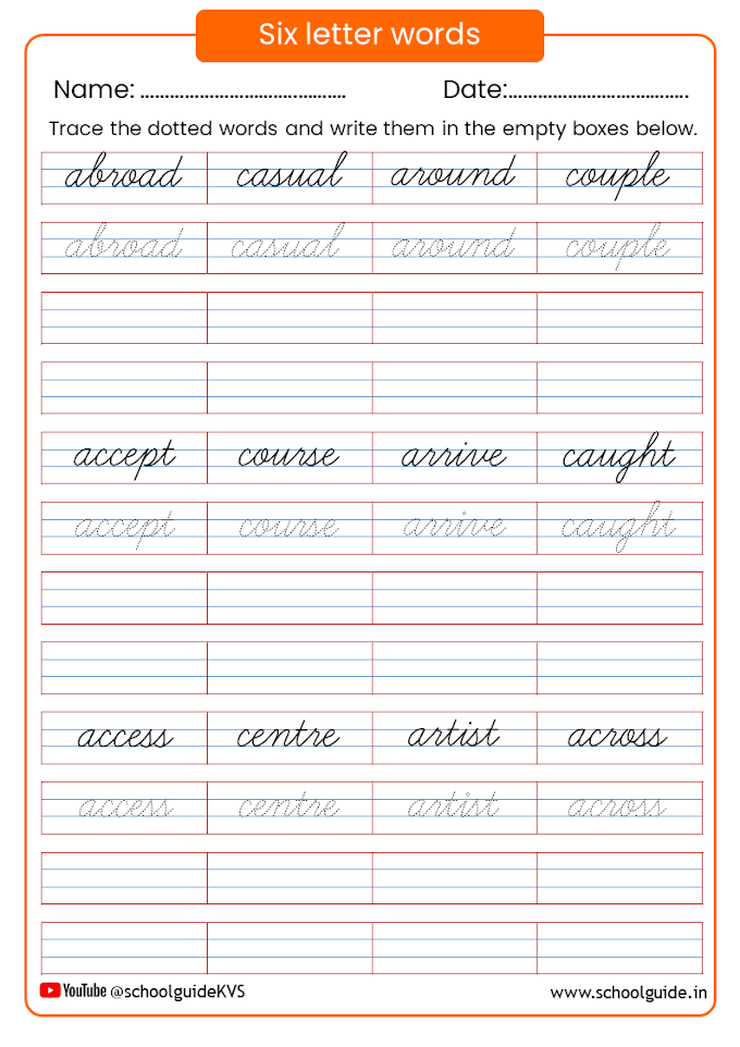 Six Letter Words Cursive Worksheets