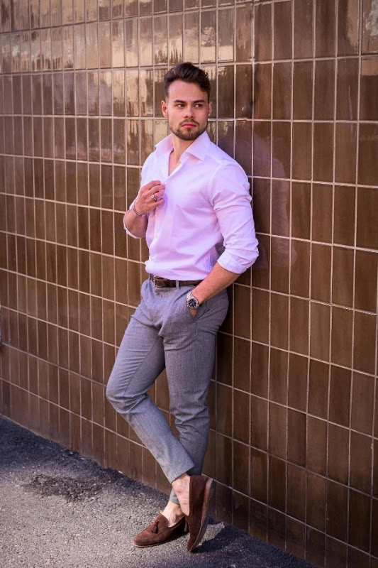 Full Length Portrait Of Smiling Young Pretty Woman In Rose Shirt Blouse  White Pants Posing Isolated On Bright Pink Blue Pastel Wall Background  Studio Fashion Lifestyle Concept Mock Up Copy Space Stock