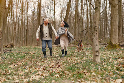 happy-elderly-couple-walking-in-forest-with-dog