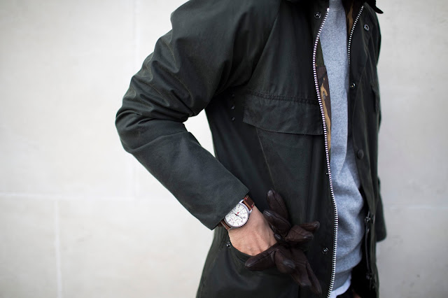barbour wax green jacket with timex expedition watch and sunspel sweatshirt