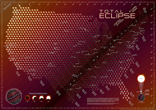 a solar eclipse map with small sun symbols showing the extent of the eclipse visible across the US