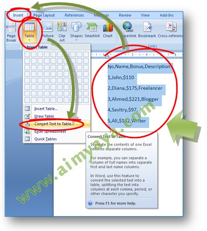 Gambar: Cara melakukan konversi teks atau tulisan menjadi tabel di Microsoft Word