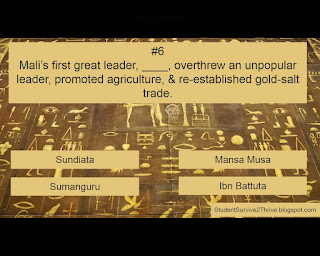 Mali’s first great leader, ____, overthrew an unpopular leader, promoted agriculture, & re-established gold-salt trade. Answer choices include: Sundiata, Mansa Musa, Sumanguru, Ibn Battuta