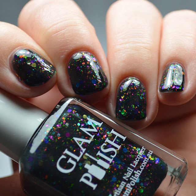 black jelly nail polish with rainbow glitter