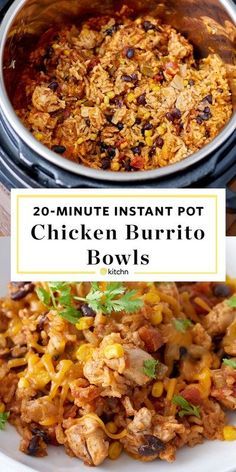 Filled with chicken, rice, black beans, corn, and salsa, these burrito bowls come together quickly with an Instant Pot.