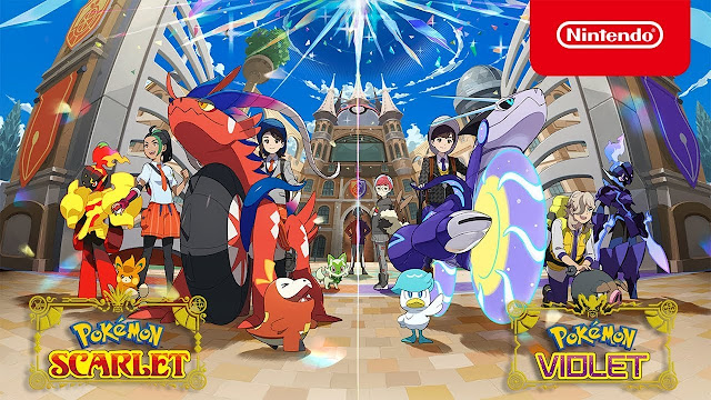 Arte de Pokémon Scarlet/Violet mostrando uma série de novos personagens e novos Pokémon dos títulos.