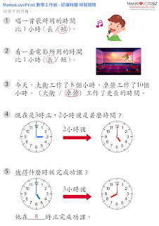 MamaLovePrint . 小一數學工作紙 . 認識時間 - 經過的時間  (附答案) Learning Time Grade 1 Math Worksheets PDF Free Download