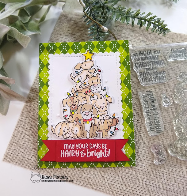 Dog Christmas Card by Diane Morales | Dog Christmas Tree Stamp Set, Framework Die Set, and Canine Christmas Paper Pad by Newton's Nook Designs