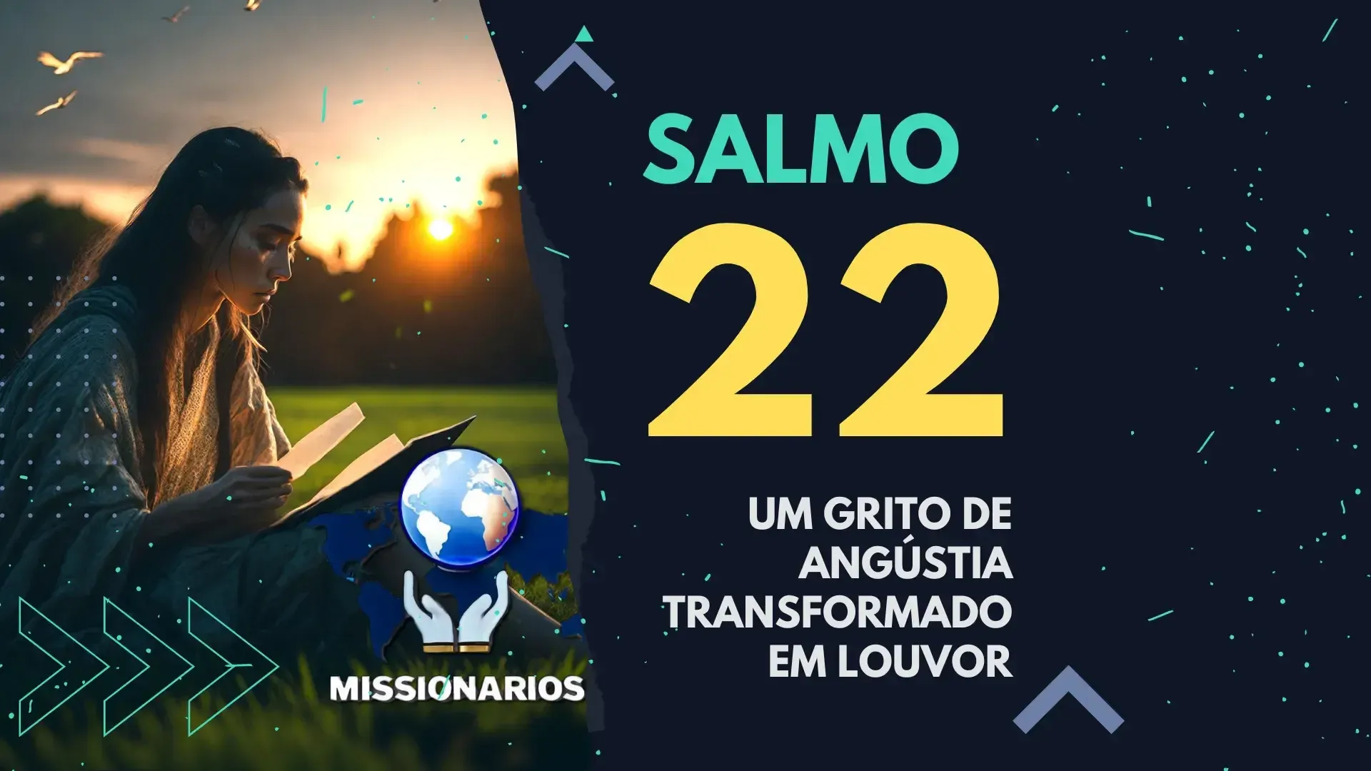 A imagem mostra uma jovem sentada na grama, lendo o livro dos salmos. E a capa do estudo bíblico -  Salmo 22: Um Grito de Angústia Transformado em Louvor