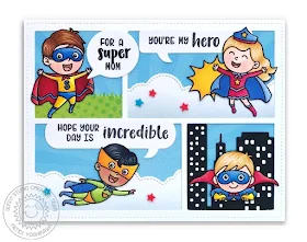 Sunny Studio Stamps: Super Duper Superhero Card for Mom's and Mother's Day (using Comic Strip Speech Bubbles dies, Cityscape Border die, & Fluffy Clouds Border dies)