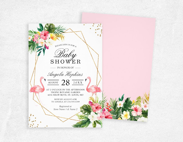  Twin Girls Baby Shower Tropical Floral Flamingos Invitation