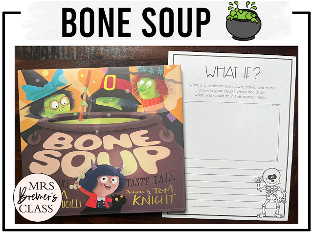 Bone Soup book activities unit with literacy companion printables, reading comprehension worksheets, lesson ideas, and a craft for Halloween in Kindergarten and First Grade