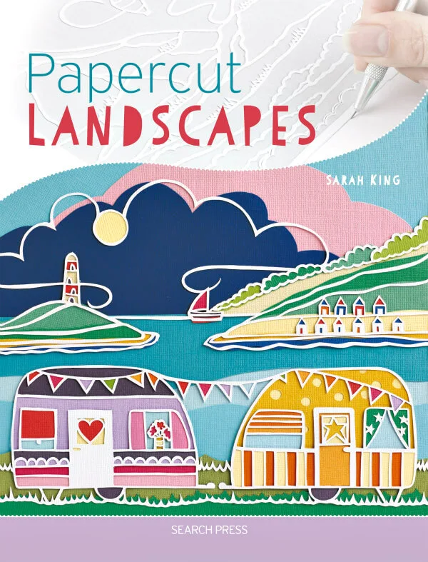 Papercut Landscapes book cover water scene with sailboat, lighthouse, trailers, and beach cabanas