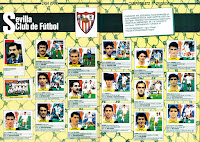 SEVILLA C. F. Temporada 1987-88. Escudo. Xavier Azcargorta (entrenador), Fernando, Villalba, Álvarez, Serna, Jiménez. Equipo, Nimo, De la Fuente, Choya, Rafa Paz, José Luis. Ruda, Francisco, Mc Minn, Moisés, Ramón, Cholo. Álbum de cromos LIGA 87-88, Colecciones Este.