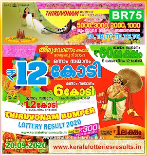 Kerala Lottery Result 20.09.2020 Thiruvonam Bumper Lottery Results BR 75