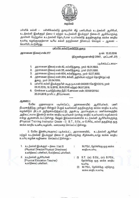 அரசாணை எண் 177 பள்ளிக்கல்வித்துறை நாள்:13.10.2016 உடற்கல்வி ஆசிரியர் உயர்கல்வித் தகுதிகளுக்கு ஊக்க ஊதிய உயர்வு வழங்குவதற்கான உரிய கல்வி தகுதிகளை நிர்ணயம் செய்தல் -ஆணை-வெளியீடு 