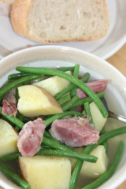 Bowl of Pennsylvania Dutch, ham, green beans, and potatoes.