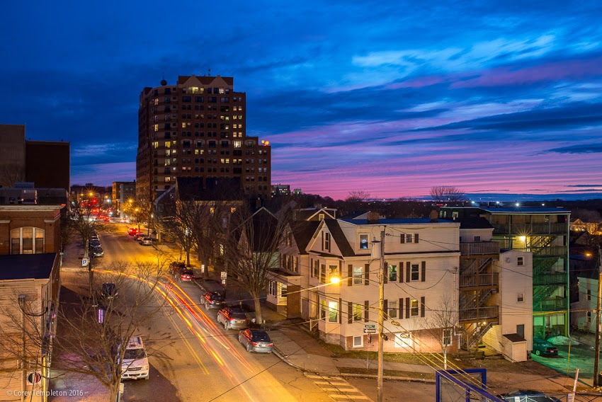 Portland, Maine USA February 2016 Photo by Corey Templeton of last light of a sunset over Cumberland Avenue.