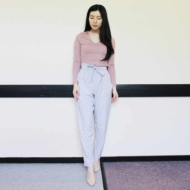 budget boutiques uk, clothes minded blog review, clothesminded shop, clothesminded grey trousers review, grey high waisted trousers outfit, pink choker top outfit, clothes minded choker top